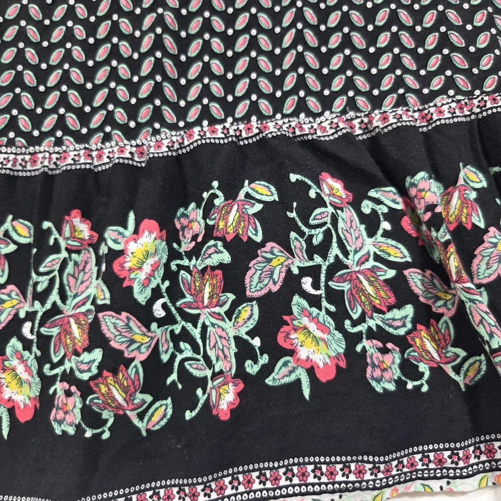 Umgee Boho Black Printed Dress Pink Trim Colorblock V Neck Embroidered Sleeves - Picture 14 of 16